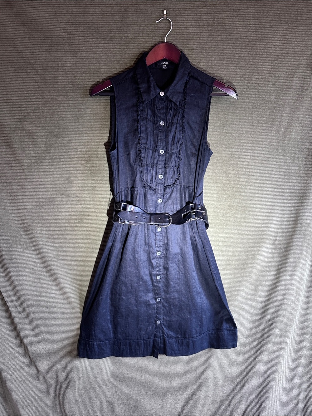 Jacob Sleeveless Black Button-Front Ruffle Dress w/ Cow Leather Cinching Belt